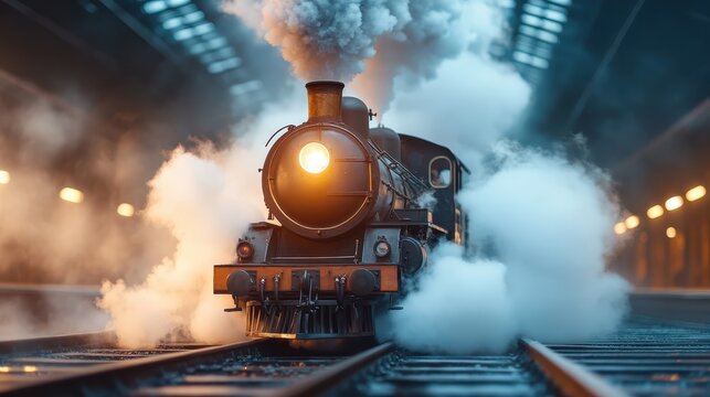 This captivating image showcases a vintage steam locomotive emitting a plume of smoke as it prepares to depart from a historic train station, symbolizing nostalgia and travel. - Powered by Adobe