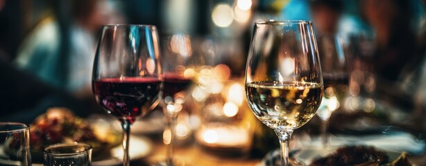 The elegant display of wine glasses at a festive dinner gathering