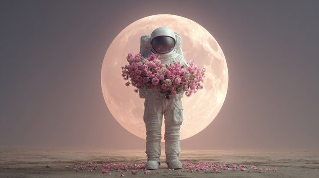 Surreal astronaut scene with bouquet of pink roses on lunar surface under giant full moon backdrop ideal for Moon Landing Anniversary, dreamlike posters and conceptual art visuals
