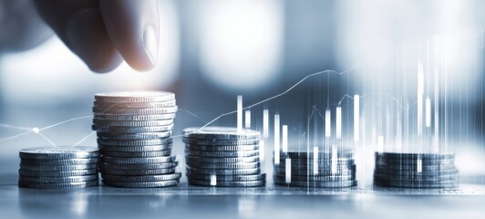 The hand placing a coin on a growing stack of coins representing investment growth.