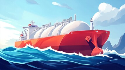 Vibrant Illustration of a Large LNG Carrier Sailing Through Waves with Blue Sea and Lush Background in a Bright and Clear Daylight Setting