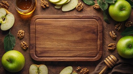 Minimalist top view of empty wooden cutting board surrounded by green apple slices, honey jar, and walnuts on warm terracotta background