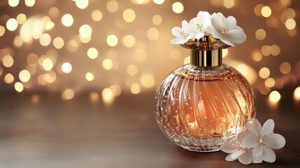 Elegant Perfume Bottle with White Flowers and Bokeh Lights for Beauty and Fragrance Promotion