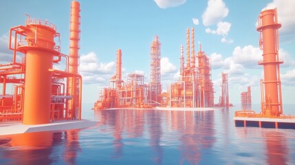 Vibrant Industrial Complex in a Serene Water Landscape with Colorful Pipelines, Large Storage Tanks, and Modern Equipment Against a Beautiful Sky