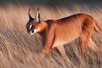 Elegant caracal wanders grassland showcasing dexterity and concealment in its environment