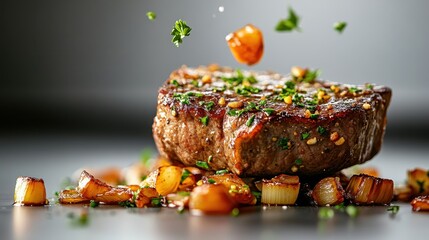 A succulent steak garnished with herbs and accompanied by caramelized onions captures the essence of gourmet dining and culinary artistry in this stunning image.