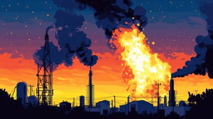 Vibrant Industrial Landscape with Smokestacks and Flames Against a Colorful Sunset Sky Showcasing Pollution and Energy Production in a Modern Setting
