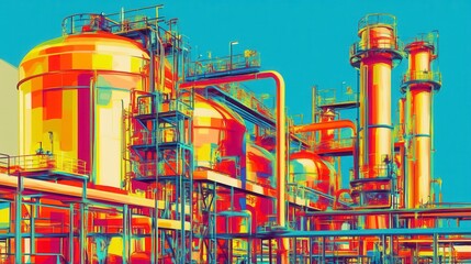 Vibrant Industrial Landscape with Colorful Processing Tanks and Pipelines in a Contemporary Factory Setting, Showcasing Modern Manufacturing Technology and Infrastructure