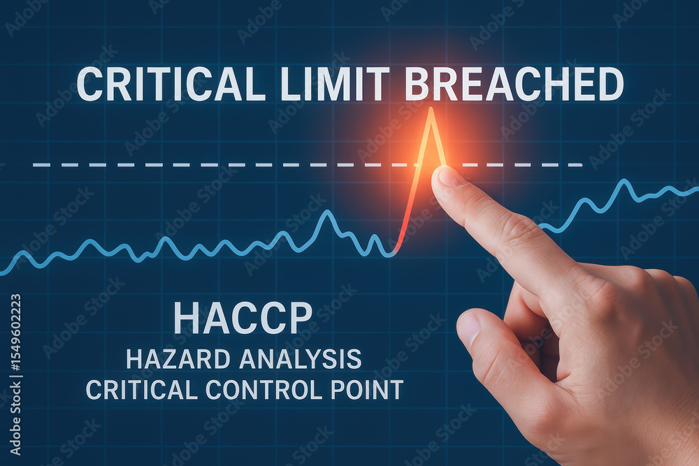 Poster critical limit breached alert highlights hazard analysis critical control point with finger pointing