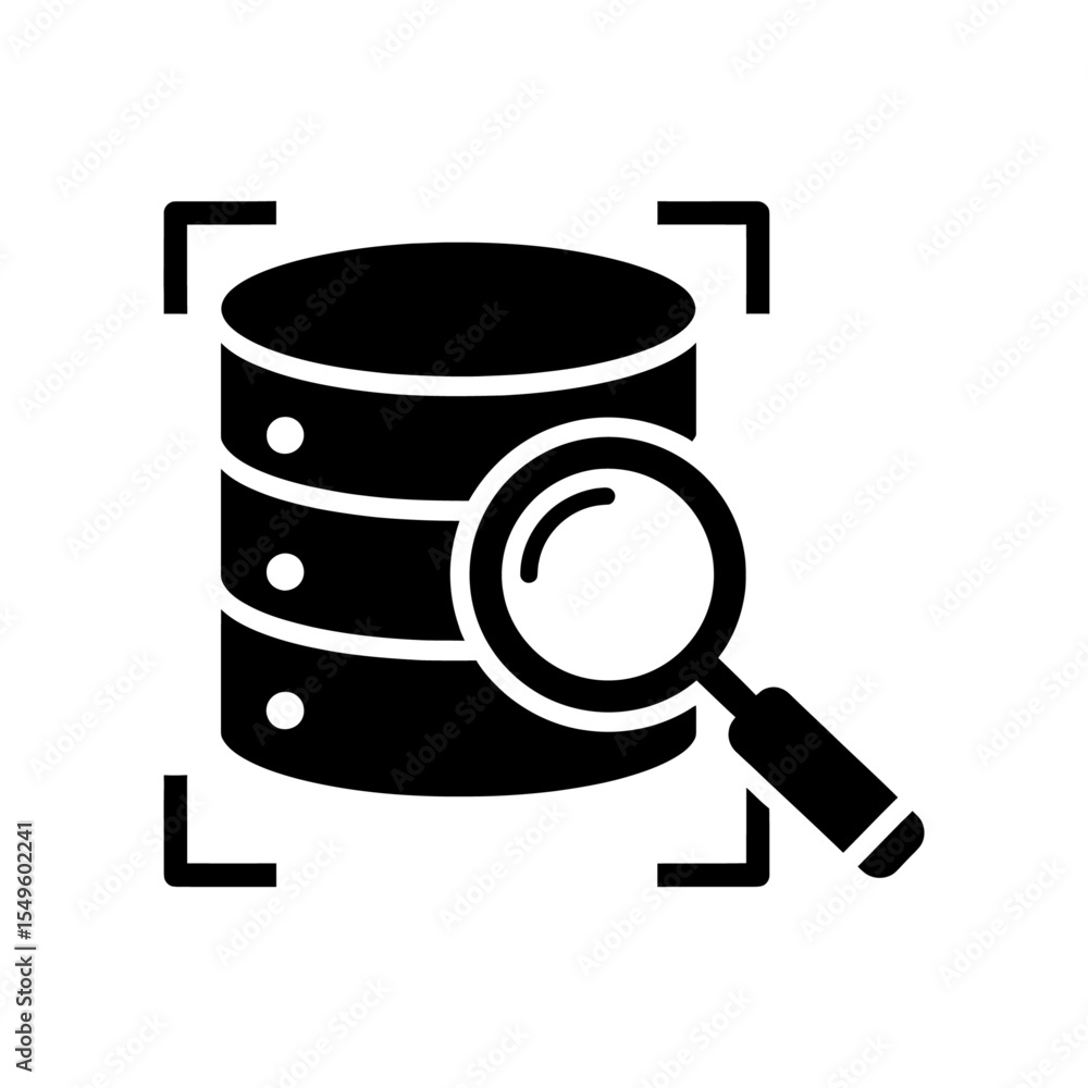Poster database search icon with a magnifying glass for data analysis and query a symbol for inspection ser