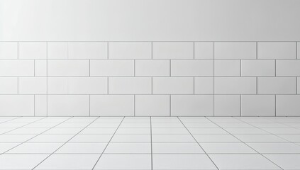 Empty white laminated surface over blurred square ceramic tile wall.