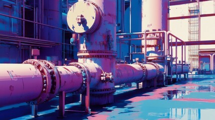 Vibrant Industrial Pipes and Machinery in a Modern Factory Setting with Bold Colors and Reflections Highlighting the Structural Design and Functionality of Equipment