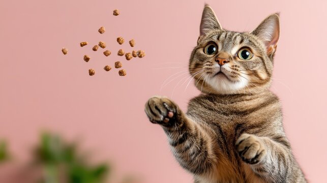An adorable moment captured as a cat leaps into the air trying to catch food treats, conveying playfulness, joy, and the lively spirit of our beloved feline companions.