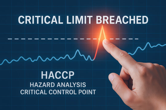 Critical limit breached alert highlights hazard analysis critical control point with finger pointing at peak on digital graph screen - Powered by Adobe