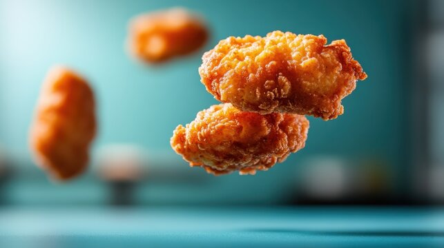 A dynamic shot of crispy fried chicken nuggets suspended mid-air, capturing the essence of culinary delight, fun, and the joy of modern snacking and indulgence.