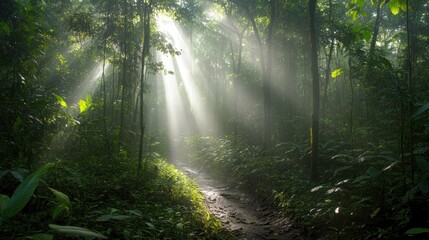 Obraz premium Sunlight streams through misty jungle path
