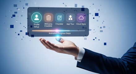 holographic onboarding interface with welcome checklist icons