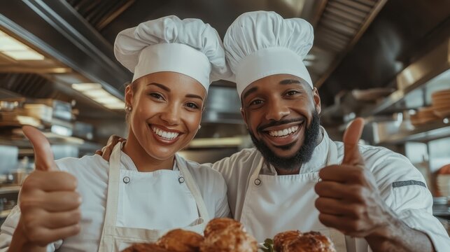 A pair of smiling chefs in a busy kitchen, showcasing their culinary delights with thumbs up, embodying the joy and passion of the culinary arts and teamwork in hospitality. - Powered by Adobe