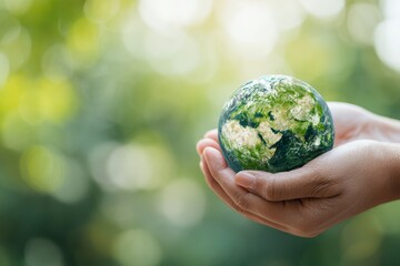 Earth Day concept with hands supporting a green planet against a blurred green backdrop promoting sustainability and environmental preservation Save the Earth