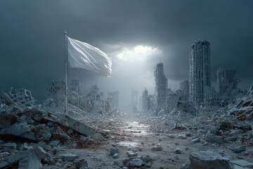 White flag raised among destroyed buildings and rubble, symbolizing surrender or ceasefire in war zone. Concept of military conflict and humanitarian crisis