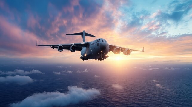 A C-17 Globemaster III soaring through a vibrant sunset sky, showcasing the majesty of flight and the beauty of nature in harmonious combination with technology.