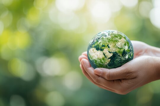 Earth Day concept with hands supporting a green planet against a blurred green backdrop promoting sustainability and environmental preservation Save the Earth