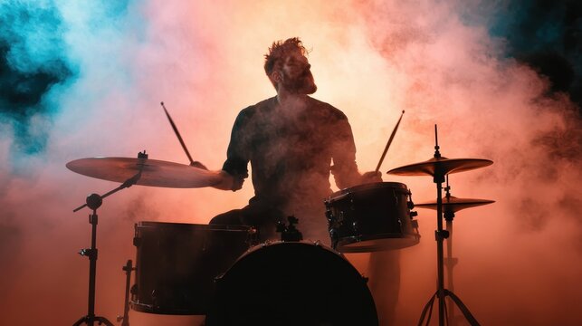 An energetic drummer is silhouetted against a burst of colorful smoke, conveying passion and vigor in performance, encapsulating the heartbeat of live music.