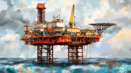 Vibrant Offshore Oil Rig at Sea Under Dramatic Sky with Colorful Clouds and Ocean Waves Depicting Energy Industry and Marine Environment