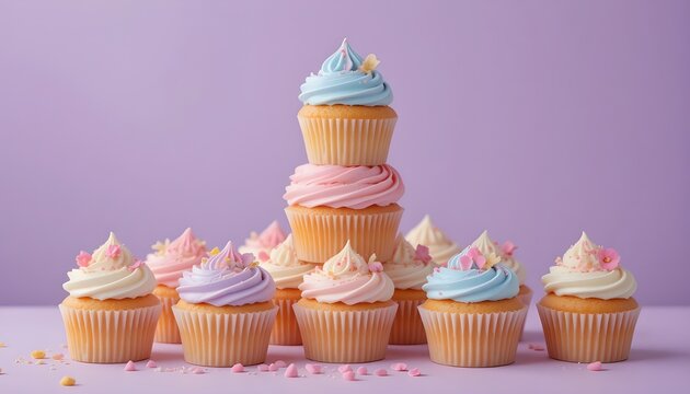 A colorful stack of frosted cupcakes displayed against a vibrant purple background.