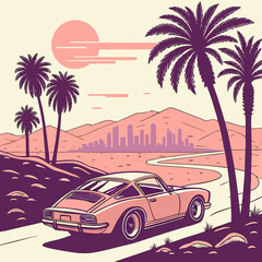 Palm Springs Retro Sunset Vector – Palm Trees & Classic Sports Car Illustration


