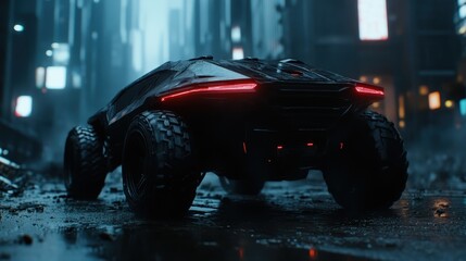 A sleek off-road vehicle adorned with striking red lights navigates through a rain-soaked cyberpunk city, showcasing its advanced design and technological prowess.