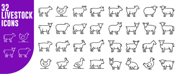 Livestock Vector Icon Set | Animals, farm, poultry, cattle, sheep, goat, horse, pig, rabbit, duck, wildlife, agriculture icons