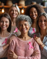 Diverse group of women of different ages and ethnicities wearing pink ribbons, standing together with arms linked unity, support, and empowerment message 