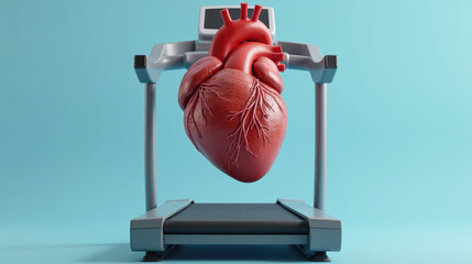 Realistic heart model treadmill symbolizes health and fitness. This striking image emphasizes importance of cardiovascular exercise and well being