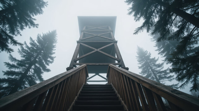 Wooden observation tower rises through mist, surrounded by tall evergreen trees, creating serene and mysterious atmosphere - Powered by Adobe