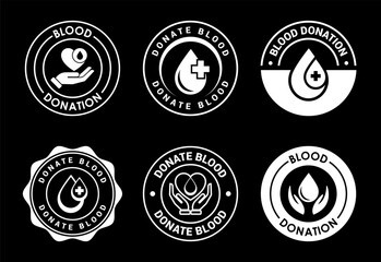 Blood donation icons set design, Donate blood badge label sign white on black background