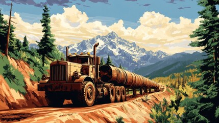 Vintage Style Art of a Heavy-Duty Truck Transporting Large Cylinders on a Mountain Road Surrounded by Majestic Trees and Scenic Peaks
