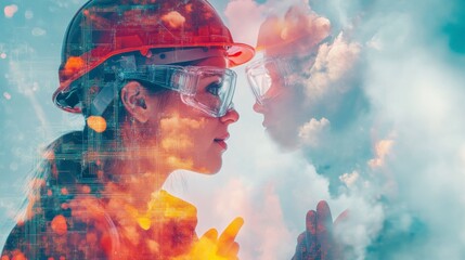 Woman in Safety Gear with Goggles and Hard Hat Amidst Overlaid Abstract Background Representing Technology and Innovation in Industrial Settings