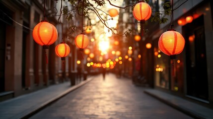 A picturesque street illuminated by vibrant red paper lanterns at sunset, creating a magical atmosphere full of cultural significance and inviting ambiance for community gatherings.