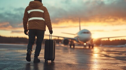 A traveler walks confidently toward an airplane under a dramatic sunset, symbolizing adventure, journey, and the anticipation of travel, framed by a scenic backdrop of cloudy evening skies.
