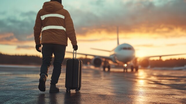 A traveler walks confidently toward an airplane under a dramatic sunset, symbolizing adventure, journey, and the anticipation of travel, framed by a scenic backdrop of cloudy evening skies.