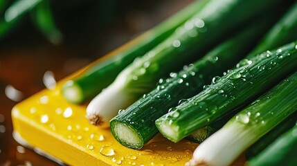 A vibrant close-up of freshly washed green onions glistening with raindrops on a yellow chopping board, symbolizing freshness, health, and culinary delight.