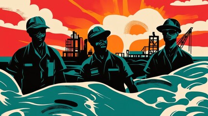 Workers in Ocean Facing Challenges at Sunset with Industrial Cityscape in Background, Illustrative Representation of Labor and Environment