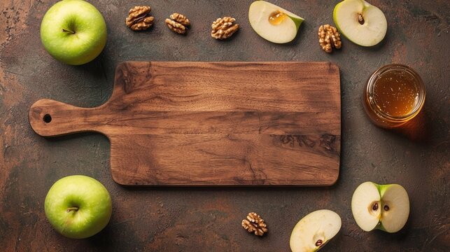 Minimalist top view of empty wooden cutting board surrounded by green apple slices, honey jar, and walnuts on warm terracotta background