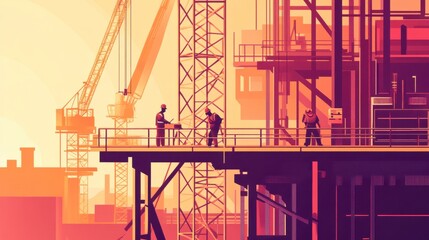 Workers Collaborating on a High-Rise Construction Site with Cranes and Equipment Under a Warm Sunset Sky Creating an Urban Landscape