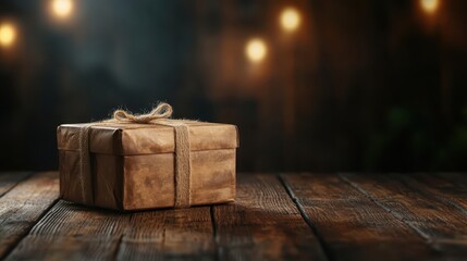 An intricately wrapped gift box tied with twine sits on a rustic wooden table, evoking feelings of warmth and anticipation for special occasions and heartfelt giving.