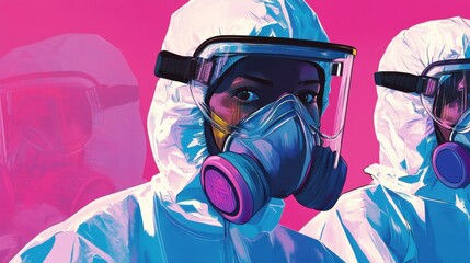 Portrait of health workers wearing protective gear against infectious diseases, highlighting the importance of safety measures in medical environments with vibrant colors and serious expressions.