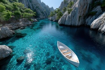 White boat floating on calanque de sugiton turquoise water, france