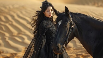 Obraz premium Desert scene with stunning Korean woman and elegant dark horse
