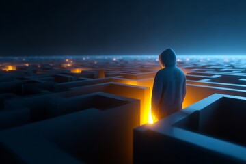 Fototapeta premium A hooded figure stands in a glowing digital wall of code, symbolizing cybersecurity threats and hacking.
